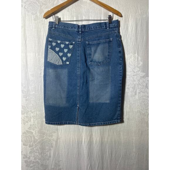Vintage Jean Skirt 9 10 Patchwork Hearts Pencil Knee Length Distressed Juke Box - Picture 11 of 14